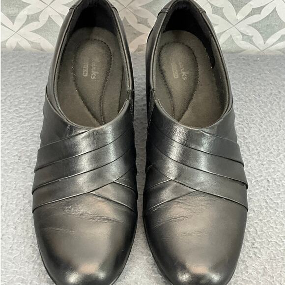Clarks Collection Black Leather Block Heel Slip On Comfort Clog Loafer Women 7M - Picture 7 of 12